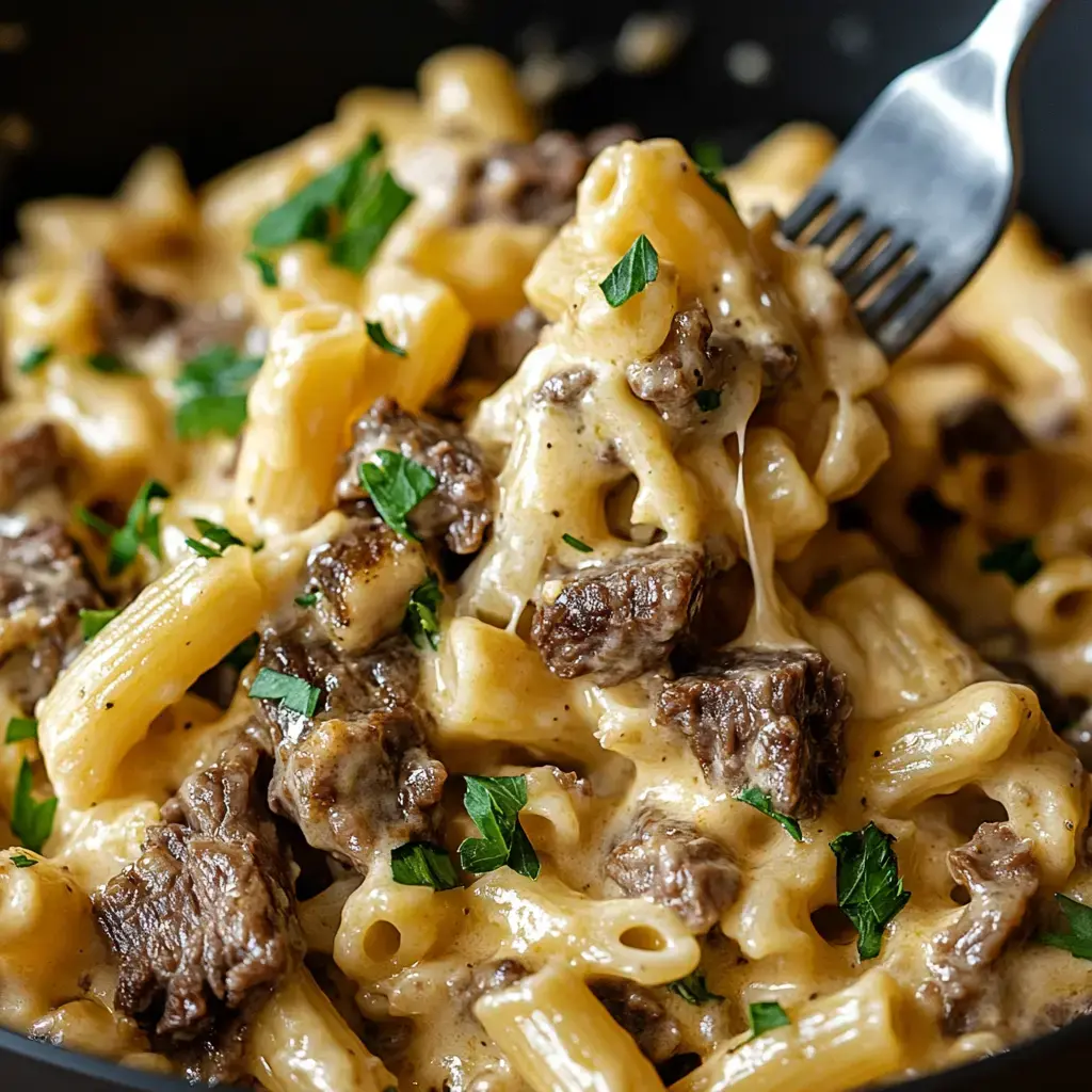 Up-close look at creamy pasta combined with beef bites and sprinkled with parsley.