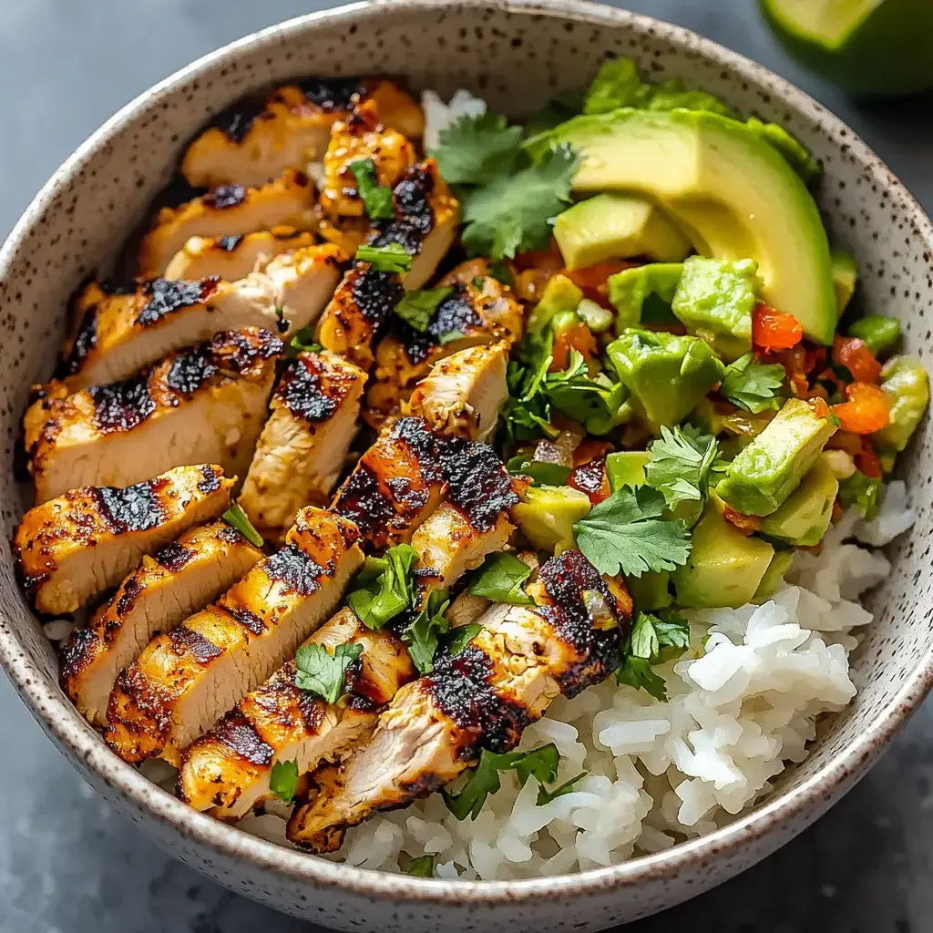 A bowl filled with rice, sliced grilled chicken, avocado chunks, fresh veggies, and topped with cilantro.