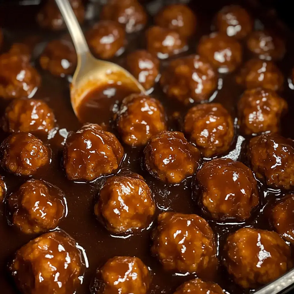 Close-up view of meatballs glazed in shiny barbecue-like sauce in a serving dish.