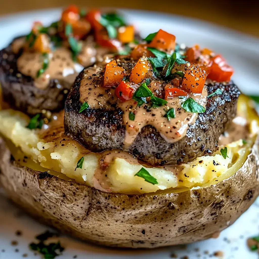 Crispy baked potato filled with creamy mashed potatoes, juicy steak pieces, tangy sauce, fresh tomatoes, and parsley garnish.