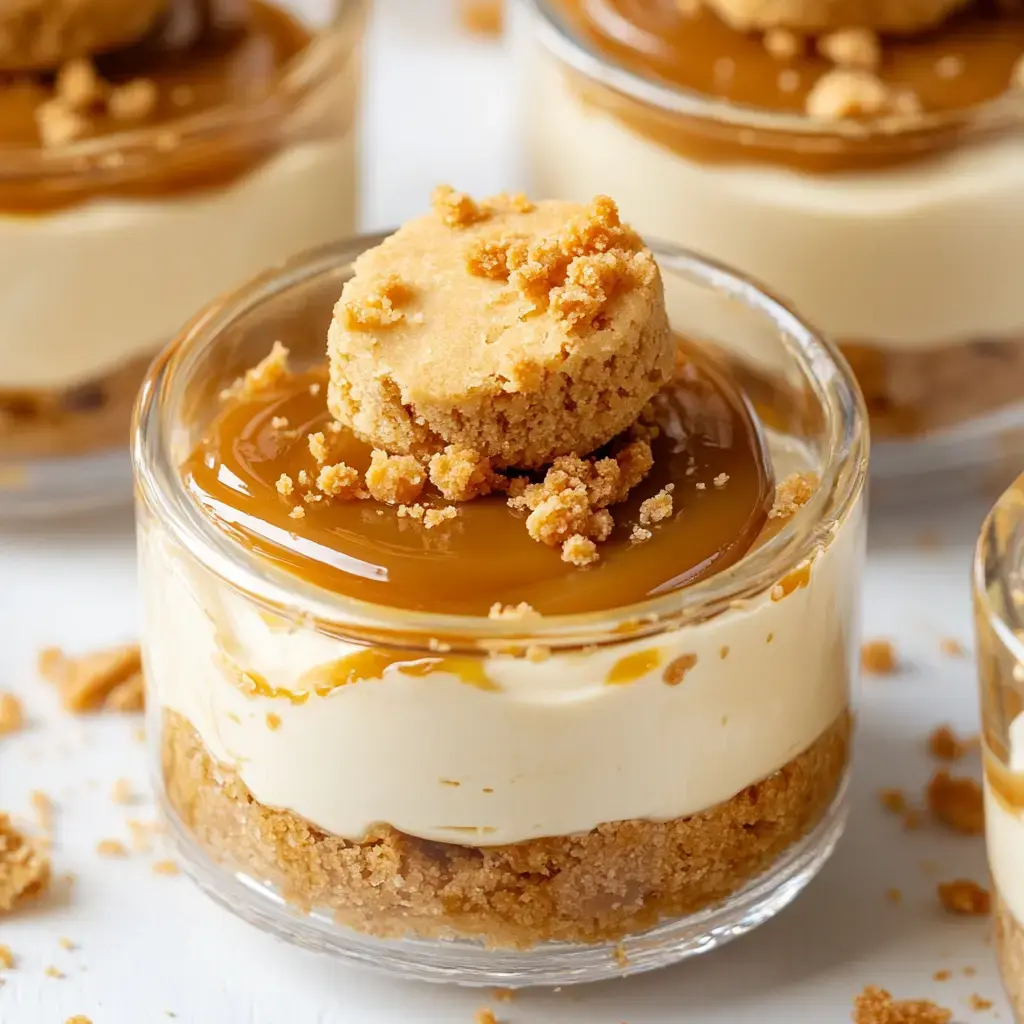 A glass cup with creamy layers, caramel drizzle, and cookie crumbs on top.