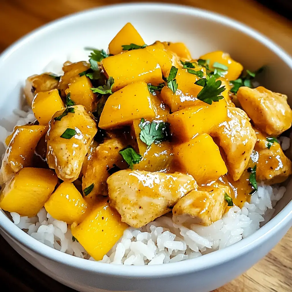 White rice topped with mango chunks, chicken, and cilantro in a creamy sauce.