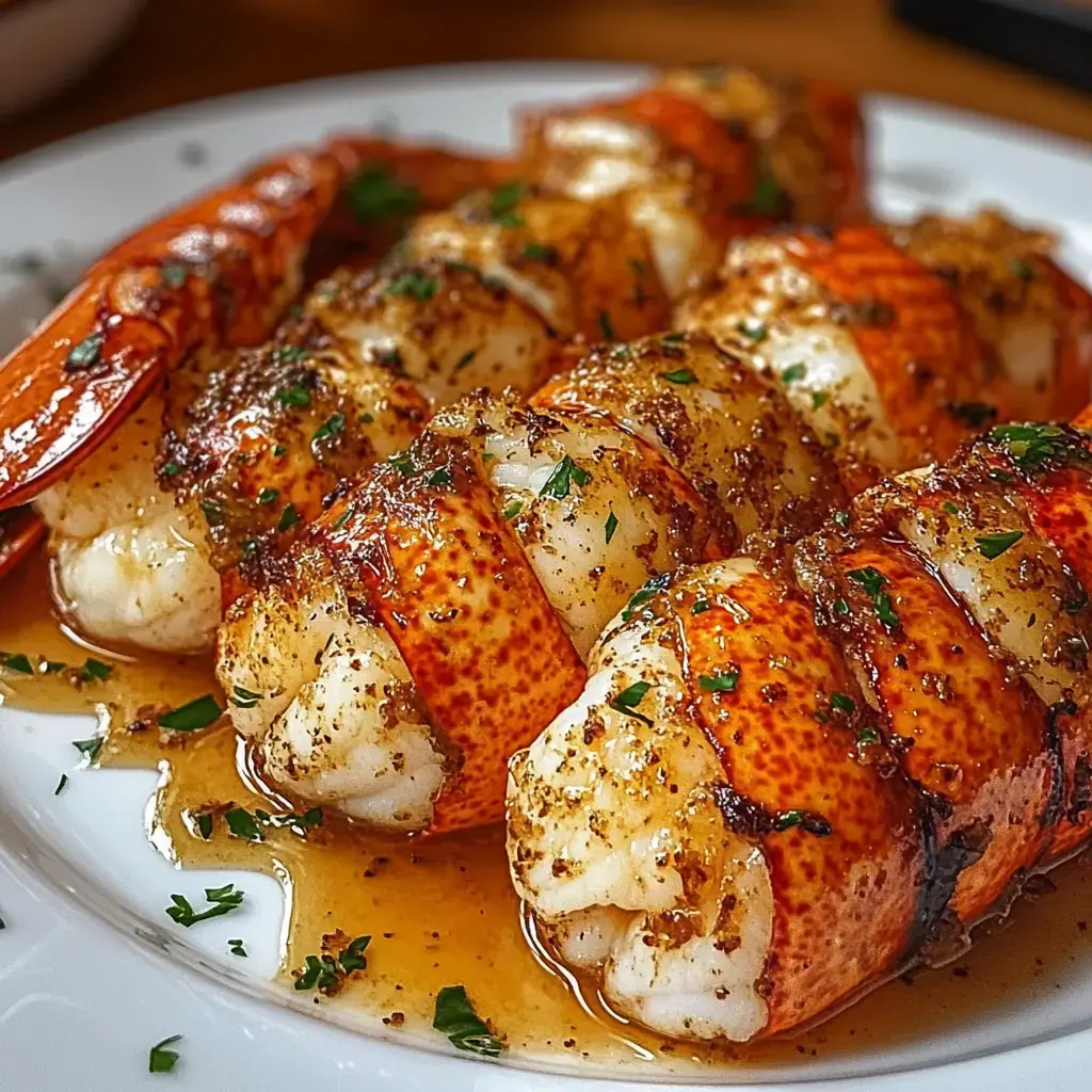 Close-up of juicy lobster pieces in garlic butter sauce with fresh herbs on a plate.