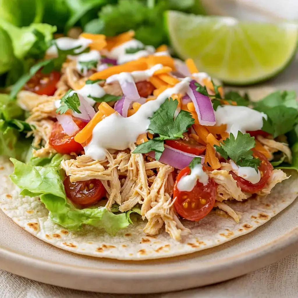 Tortilla loaded with shredded chicken, lettuce, red onion, cheese, cherry tomatoes, cilantro, and sauce, with a lime wedge nearby.