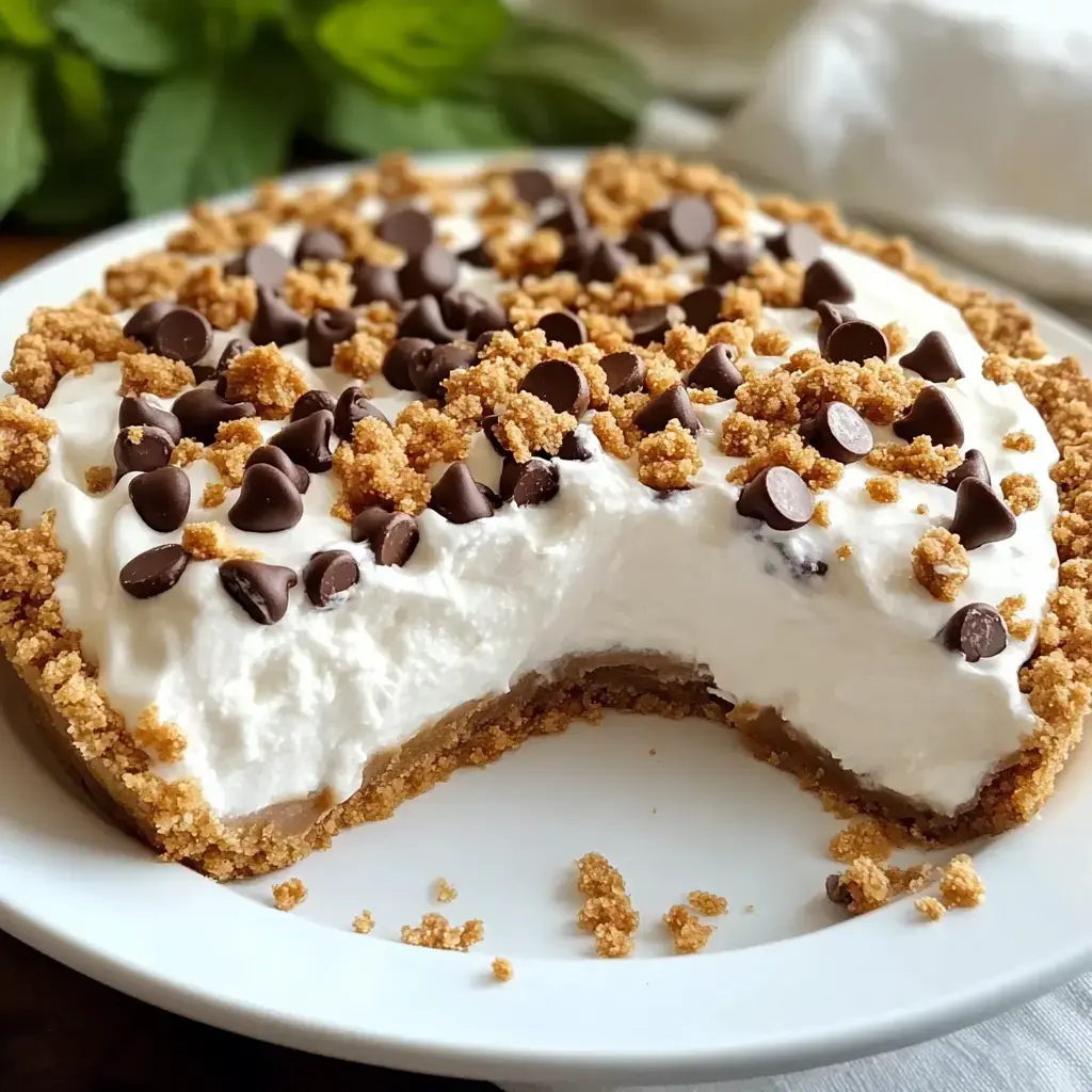 A rich creamy pie with chocolate chips on a graham cracker crust, and a slice missing.