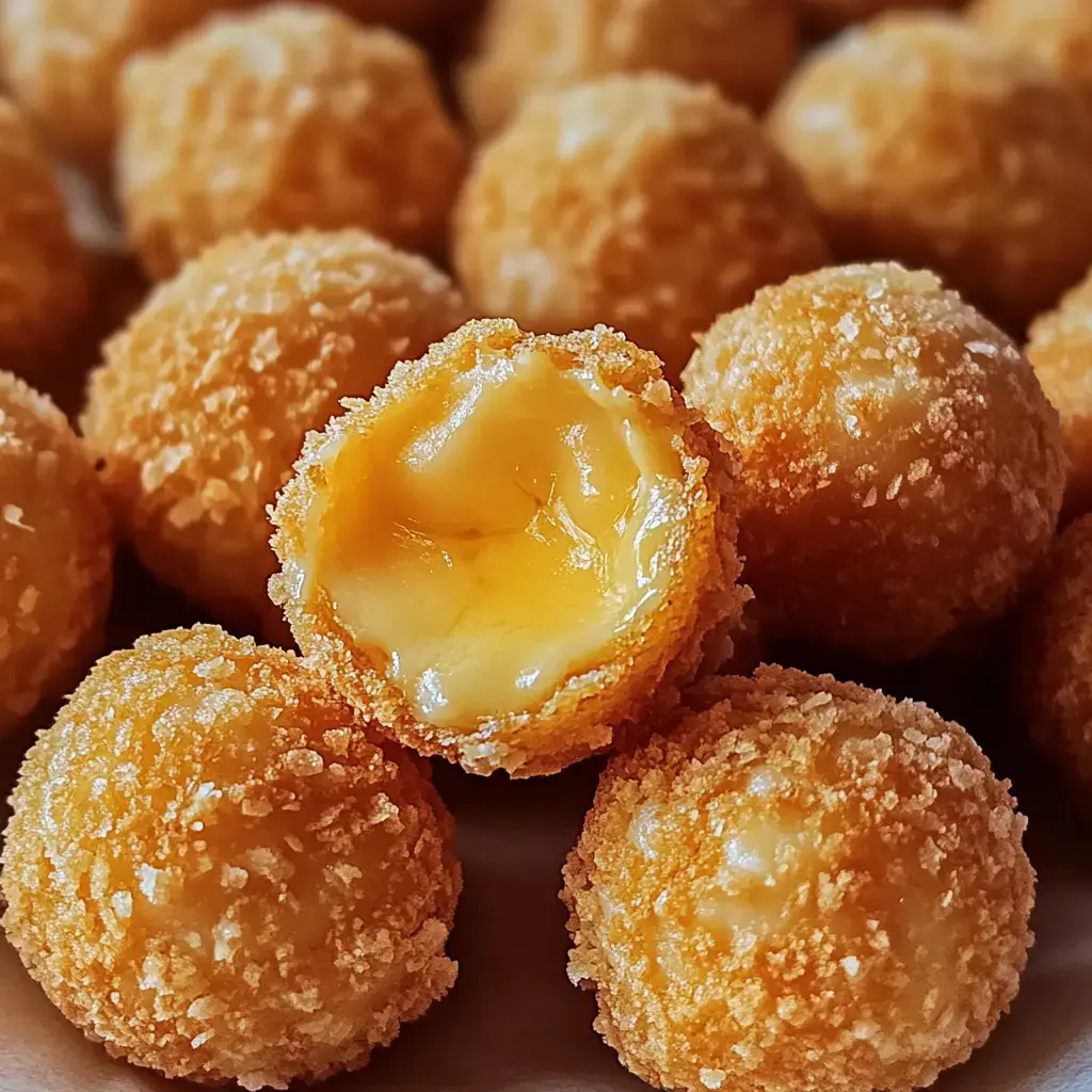 Close-up of crunchy golden cheese bites with gooey melting centers, served on a plate.
