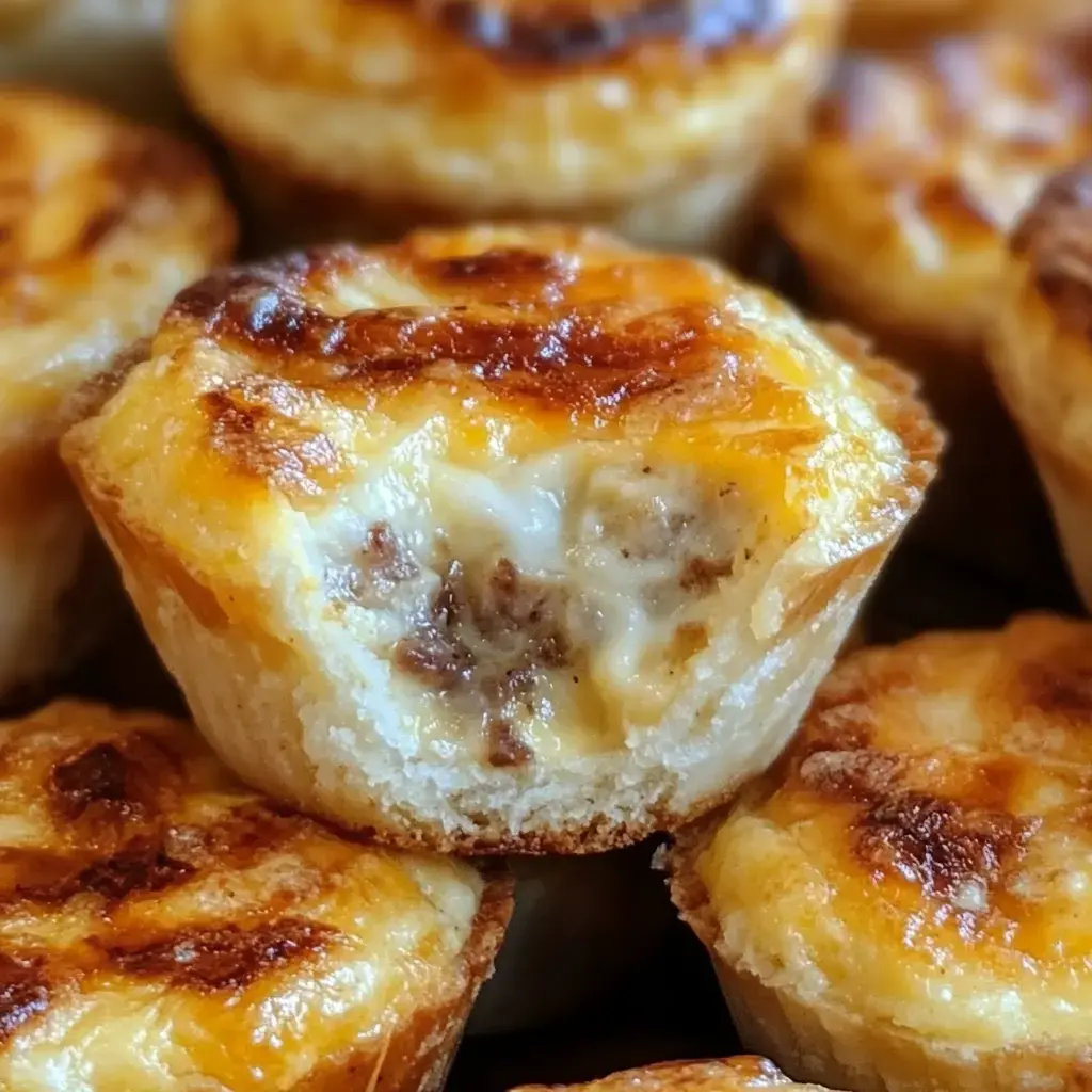 Golden brown and cheesy mini breakfast bites filled with sausage and creamy goodness.