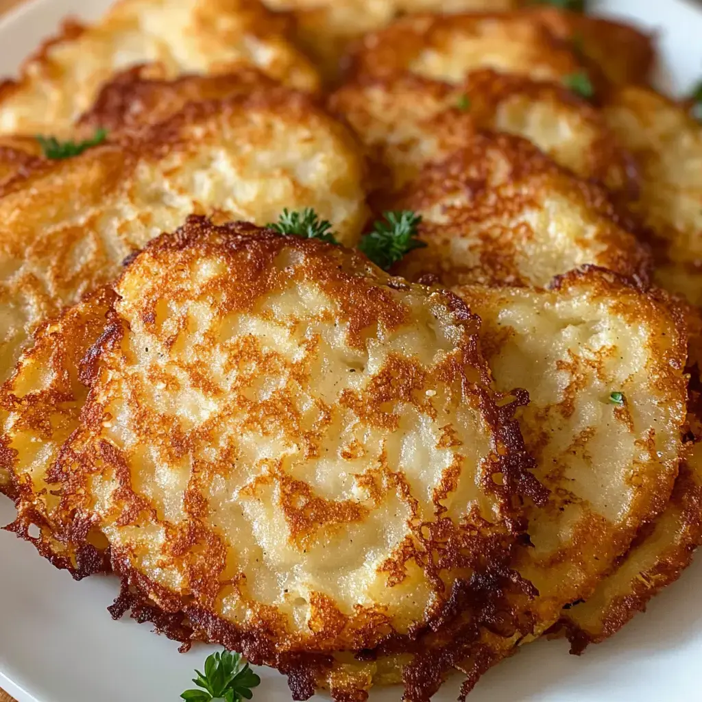 Close view of crispy, golden potato pancakes topped with parsley and served on a white plate.