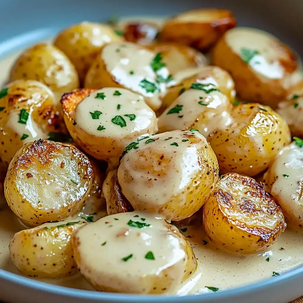Close-up of golden baby potatoes with parsley and creamy sauce.