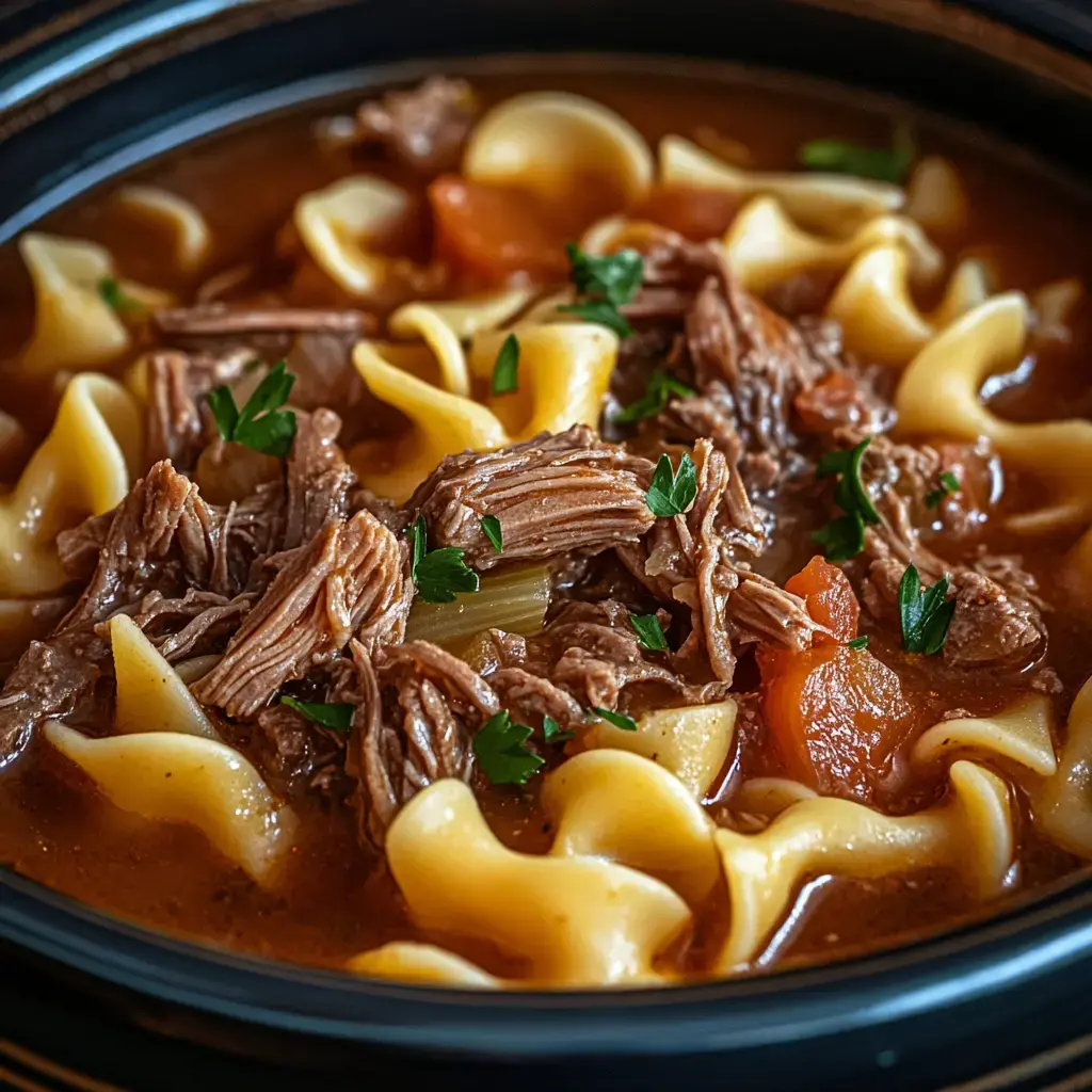 Up-close look at a hearty bowl of beef noodle soup with tender beef, egg noodles, and veggies. Fresh parsley tops it off.