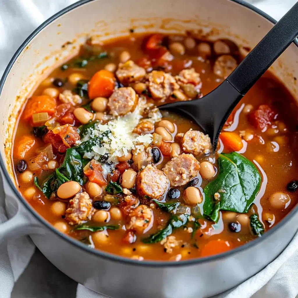 A pot filled with a warm blend of beans, sausage, leafy greens, and veggies, topped with cheese.