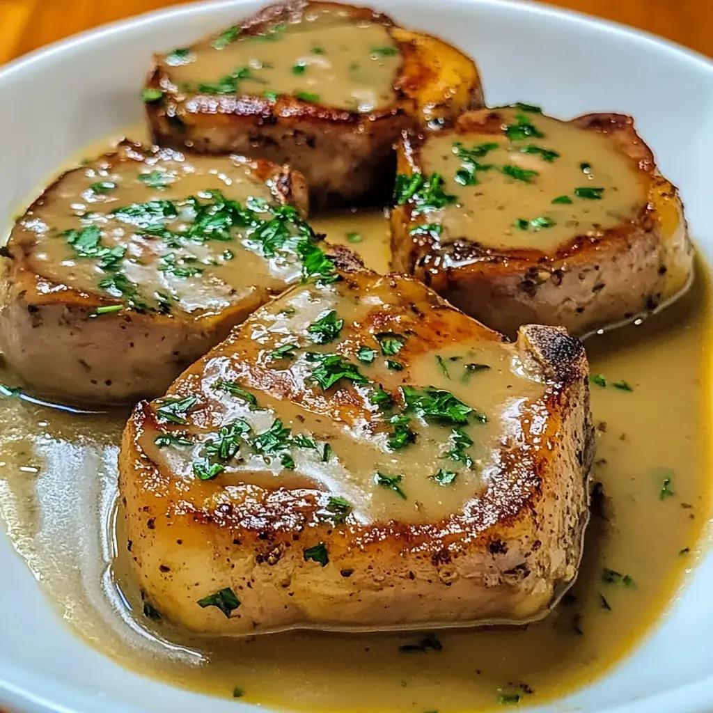 Bone-in pork chops topped with creamy mushroom sauce and sprinkled with parsley, served in a white dish.