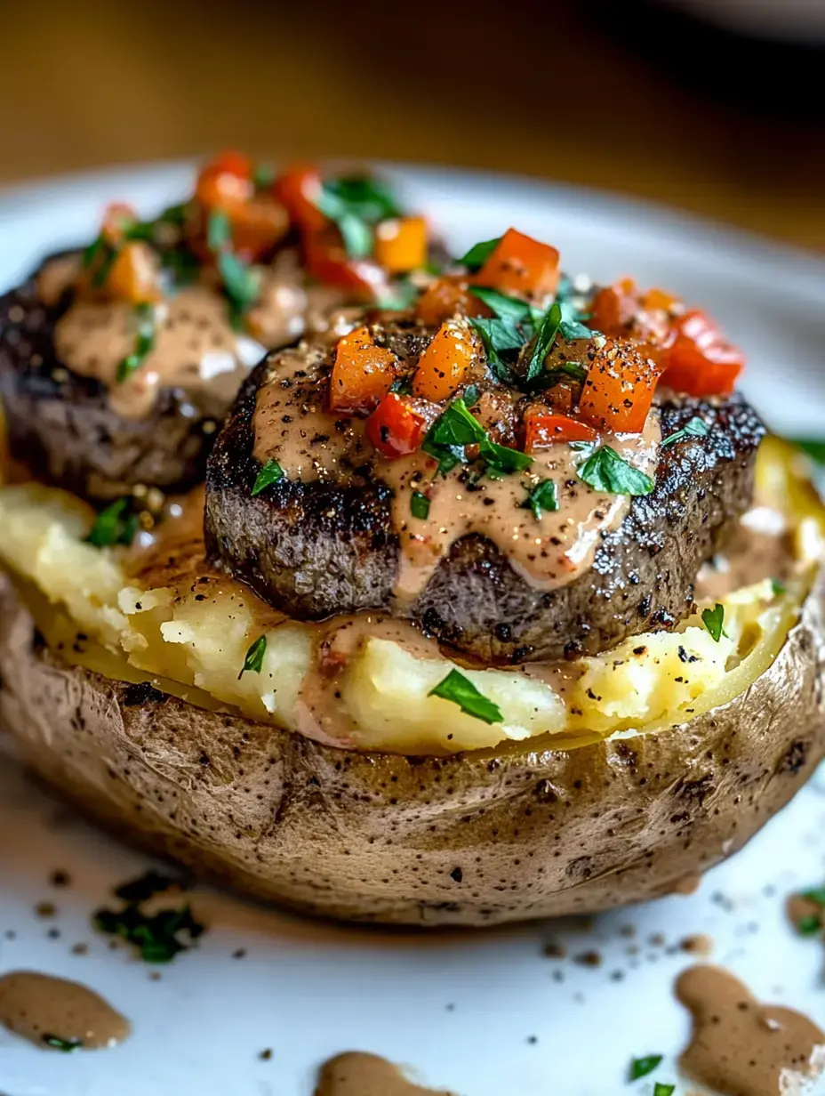 A baked potato topped with creamy sauce, tender beef medallions, diced tomatoes, and fresh parsley.