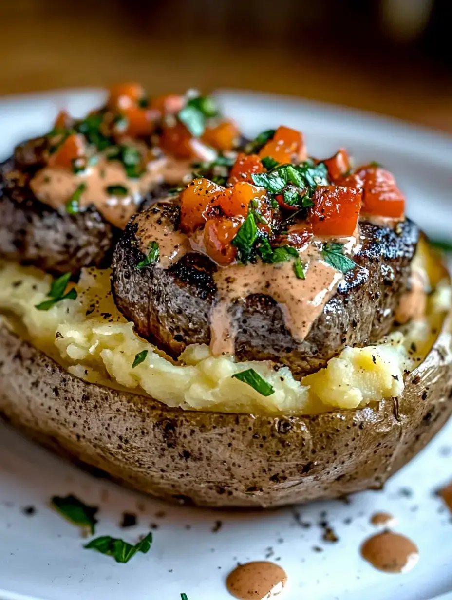 A baked potato is filled with creamy mashed potatoes, topped with grilled beef patties, fresh diced tomatoes, and a drizzle of sauce.