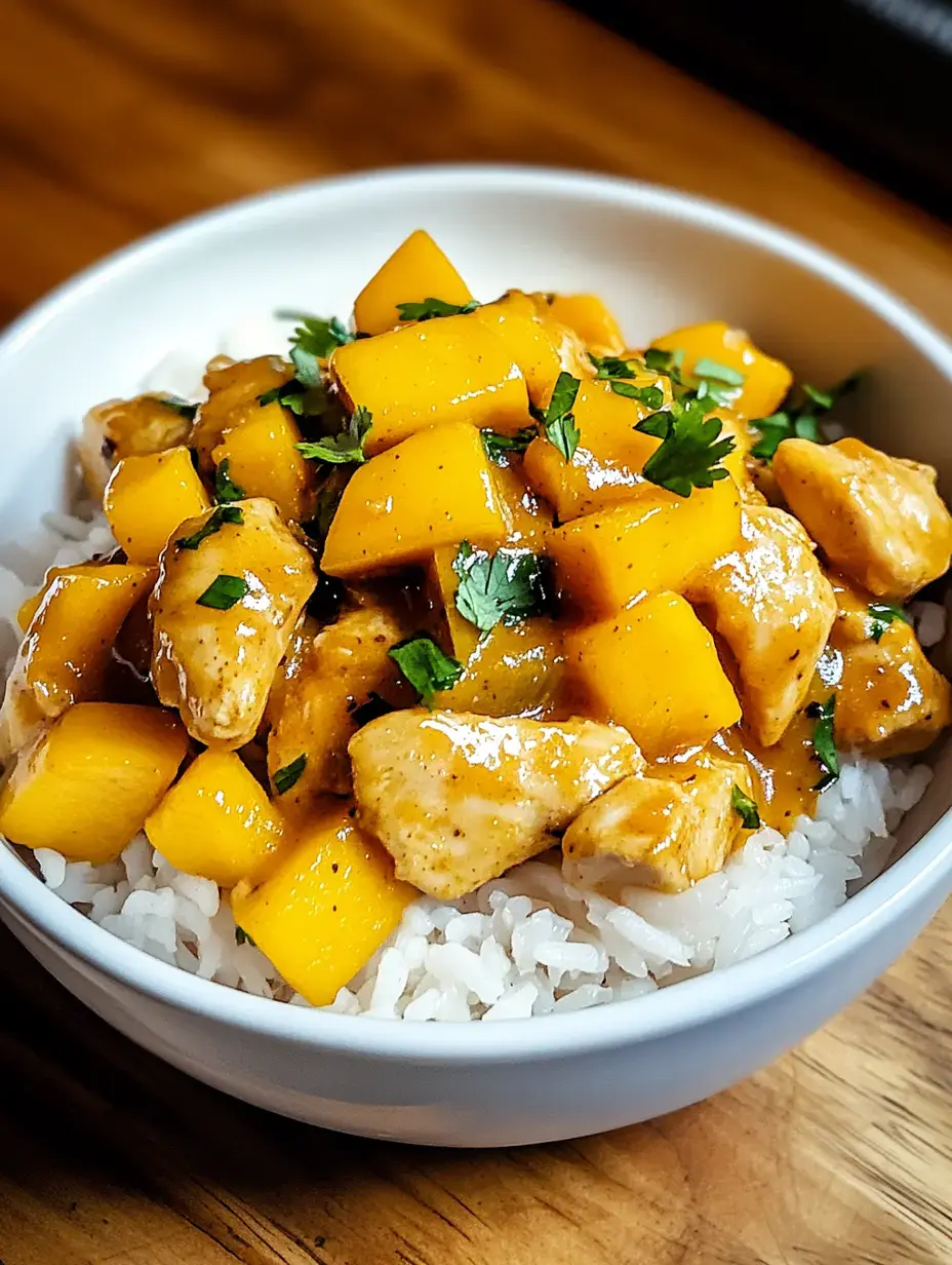 A bowl of white rice topped with diced chicken, mango pieces, and fresh cilantro in a light sauce.