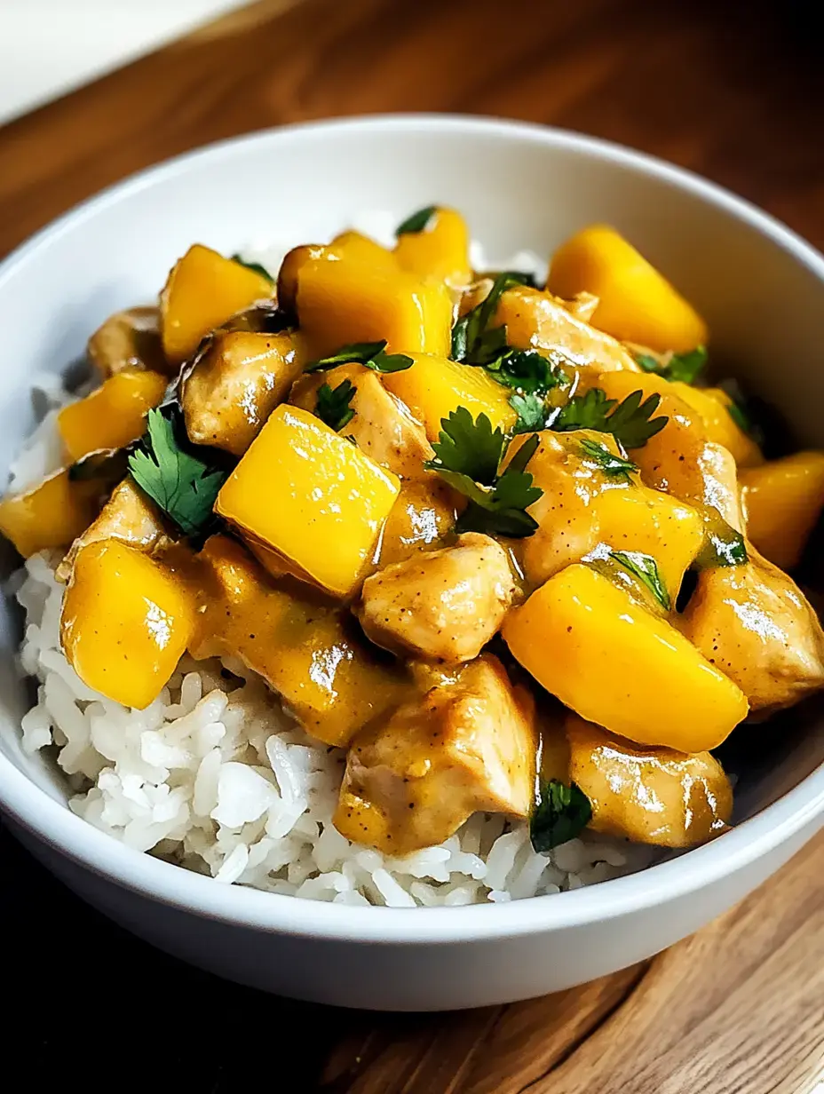 A bowl of rice topped with chicken pieces and diced mango, garnished with fresh cilantro in a flavorful sauce.