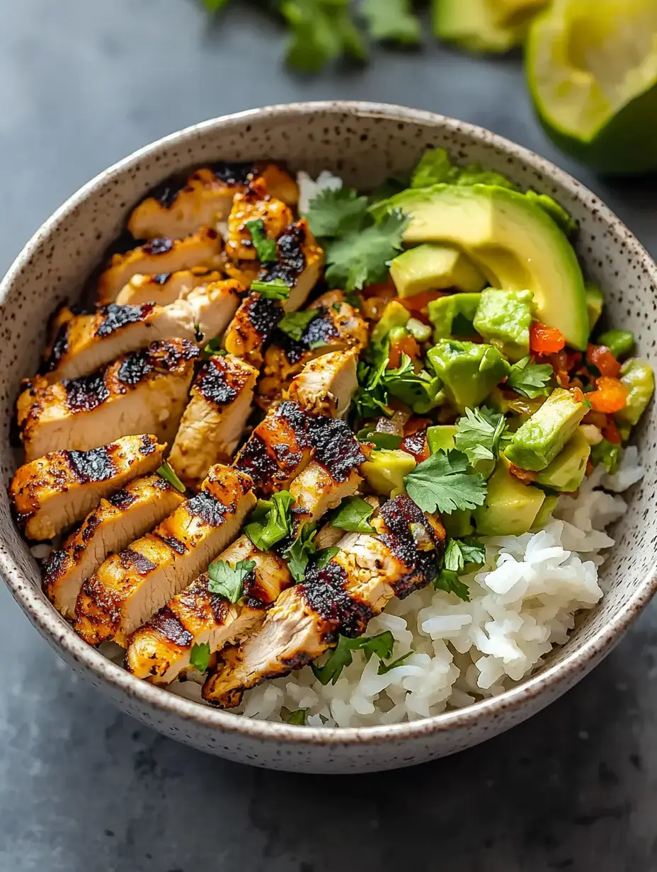 A bowl of grilled chicken slices on a bed of rice, topped with avocado, cilantro, and a colorful vegetable salsa.