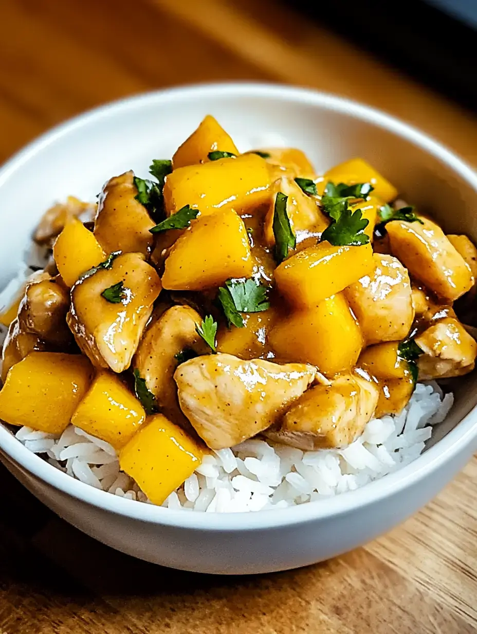 A bowl of white rice topped with diced chicken, mango chunks, and fresh cilantro in a savory sauce.