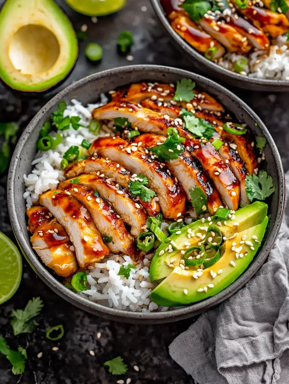 A bowl of rice topped with sliced grilled chicken, avocado, green onions, and sesame seeds, garnished with fresh cilantro and lime.