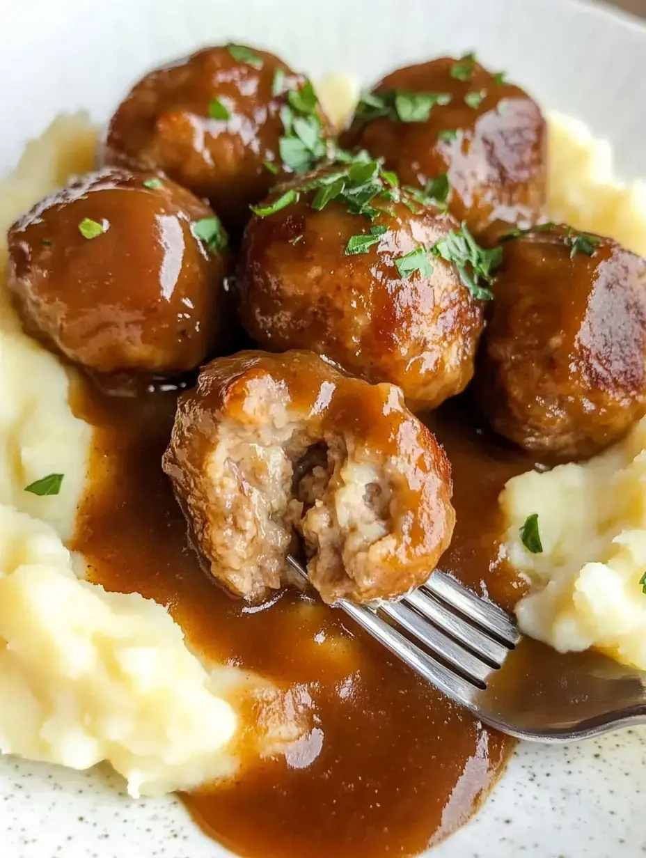 A close-up of meatballs coated in brown gravy, served over creamy mashed potatoes and garnished with parsley.