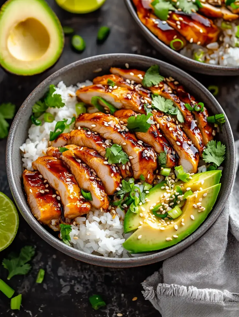 A bowl of sliced chicken drizzled with sauce sits atop white rice, garnished with green onions, cilantro, sesame seeds, and avocado slices, with a lime half in the background.