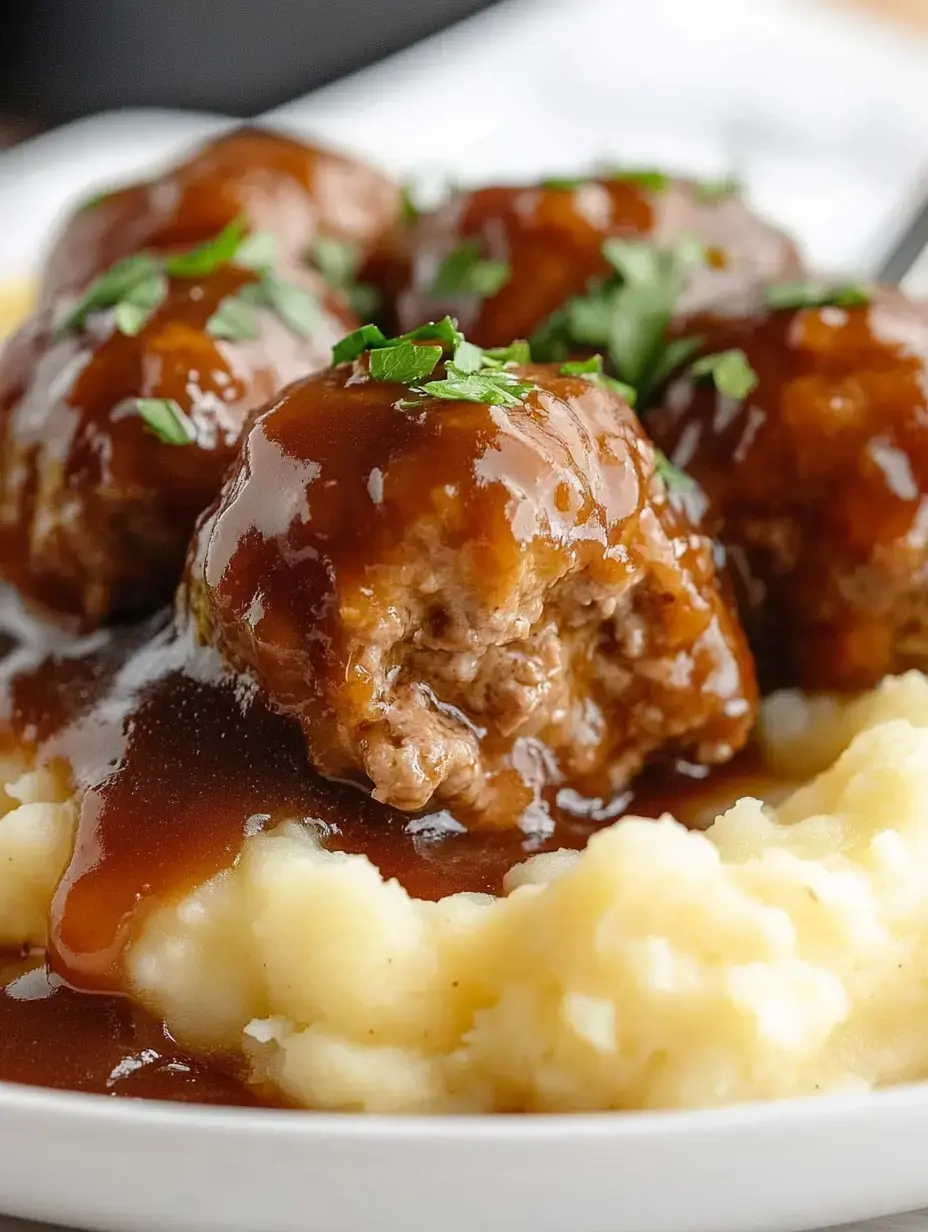 A close-up of meatballs in a rich brown gravy, garnished with parsley, served over creamy mashed potatoes.
