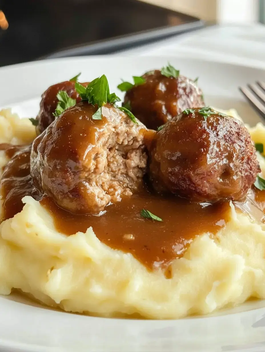 A plate of creamy mashed potatoes topped with meatballs drenched in brown gravy and garnished with parsley.