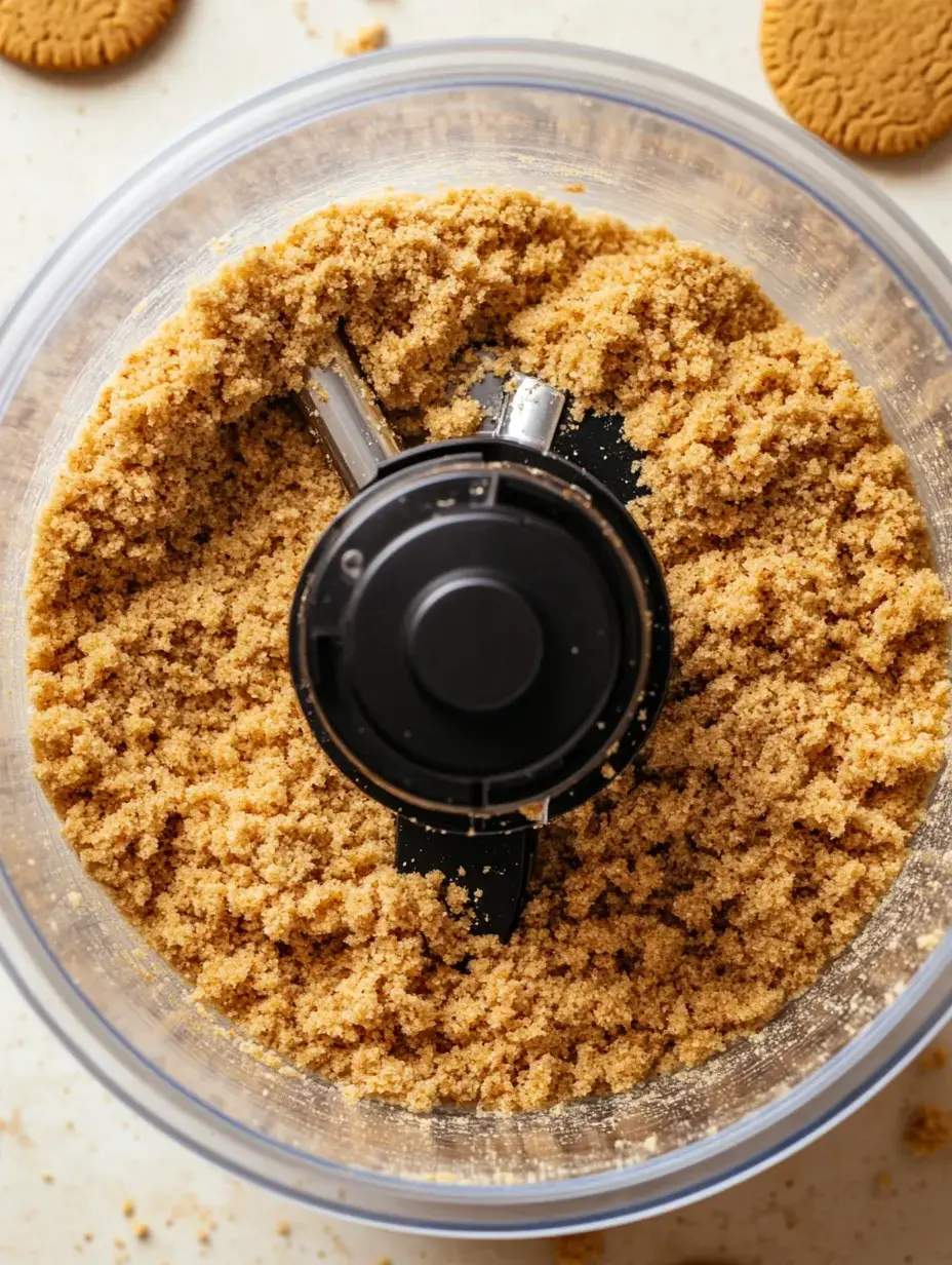 A close-up view of a food processor containing finely crushed golden-brown biscuit crumbs, with a biscuit partially visible beside it.