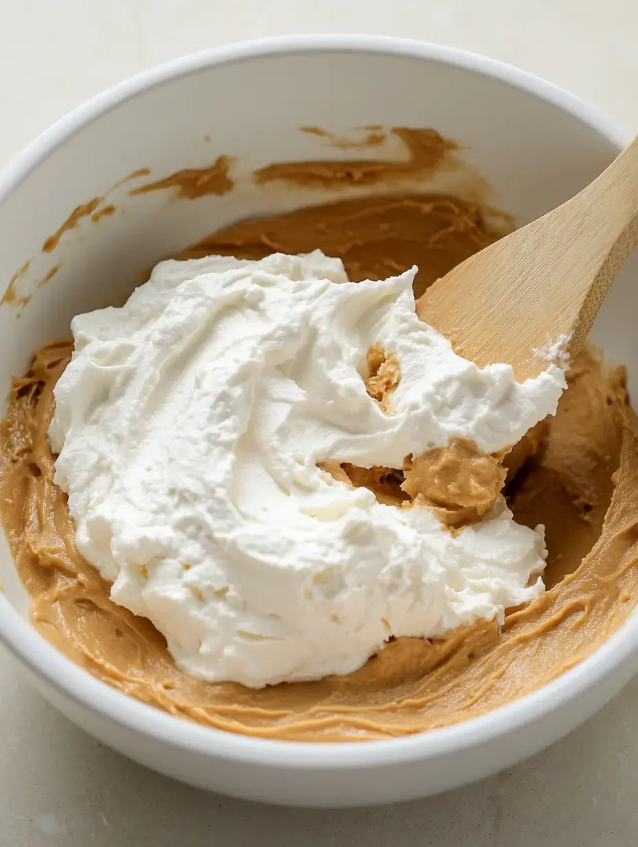 A bowl contains a mixture of creamy peanut butter and whipped cream with a wooden spoon.