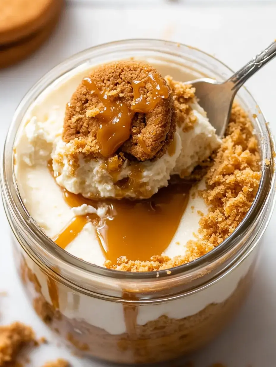 A close-up of a spoonful of creamy dessert topped with a cookie and drizzled caramel in a glass jar.