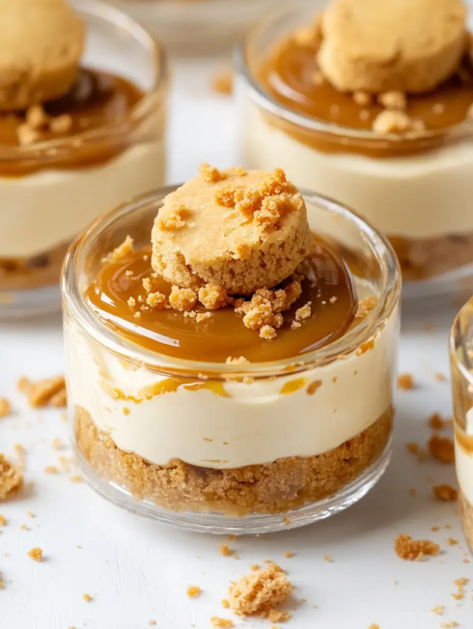 A close-up view of individual glass desserts featuring layers of creamy filling, caramel topping, and crumbled cookie on top.