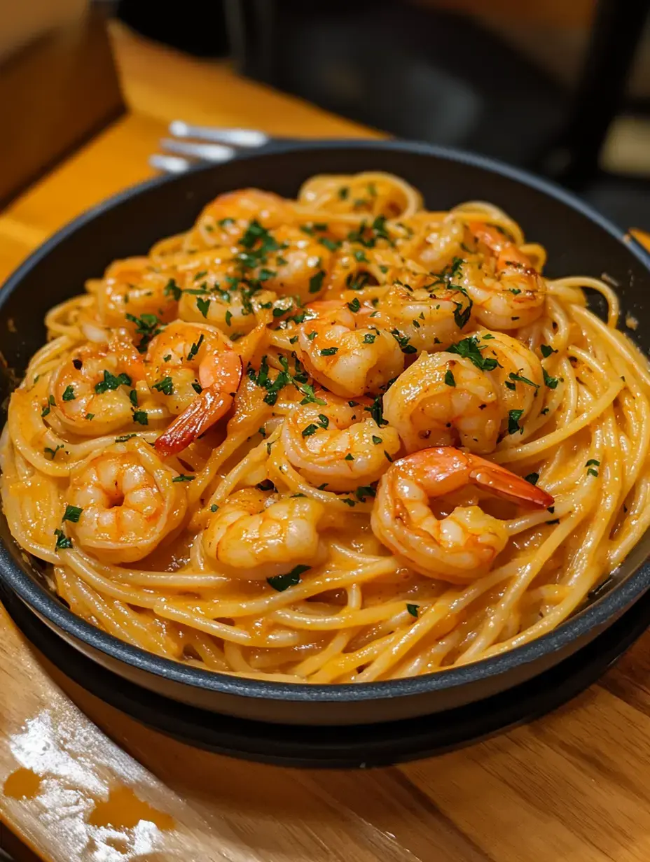 A plate of shrimp pasta topped with parsley, featuring spaghetti tossed in a creamy sauce.