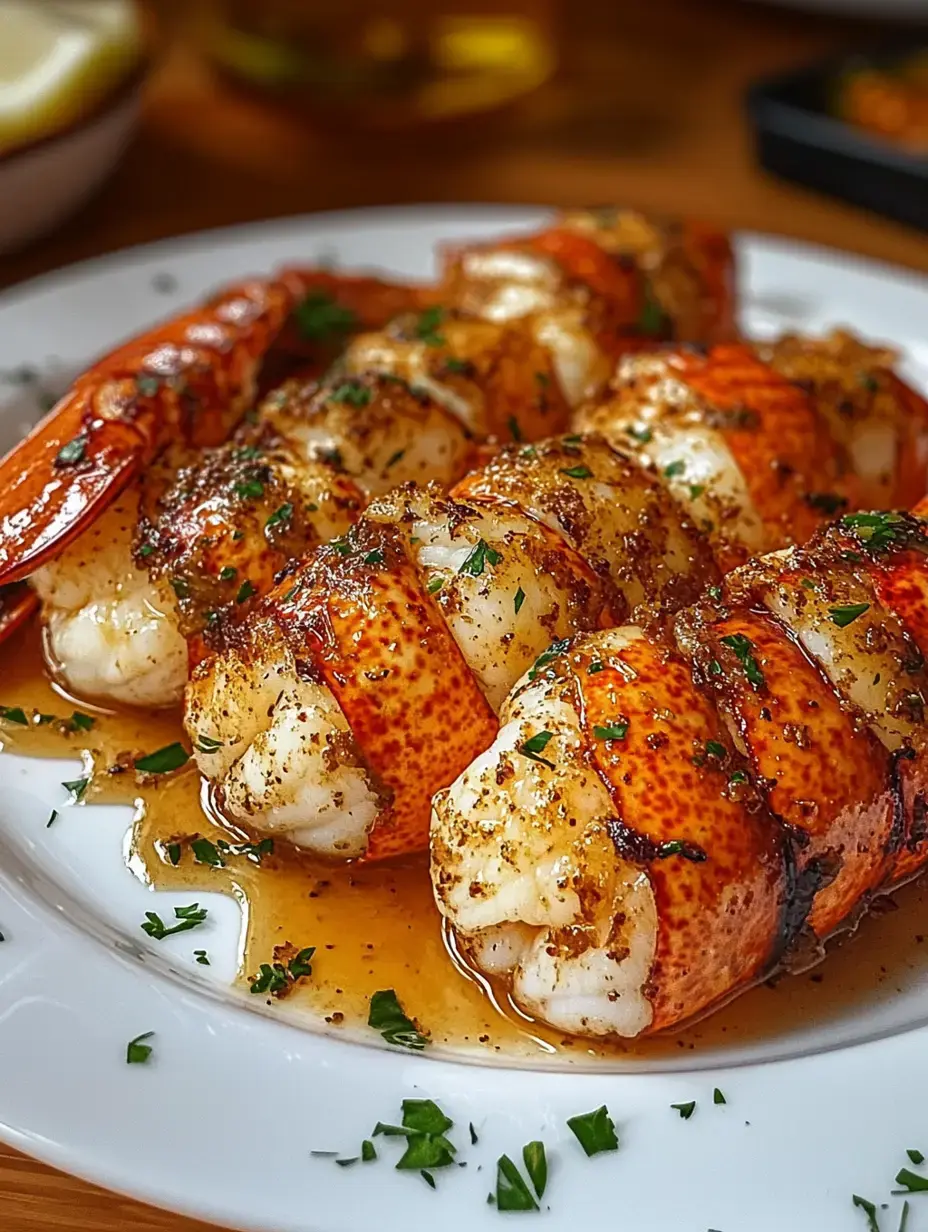 A plate of grilled lobster tails drizzled with garlic butter and garnished with parsley.