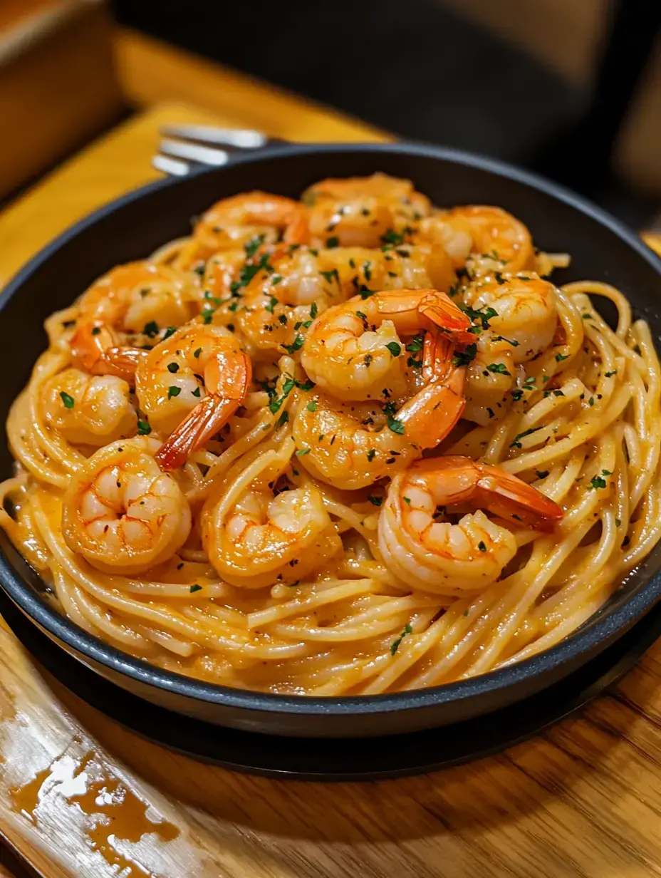 A bowl of spaghetti topped with shrimp, garnished with fresh herbs in a creamy sauce.