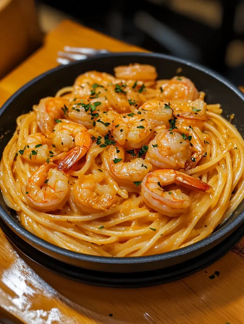 A black bowl filled with spaghetti topped with shrimp and garnished with parsley.