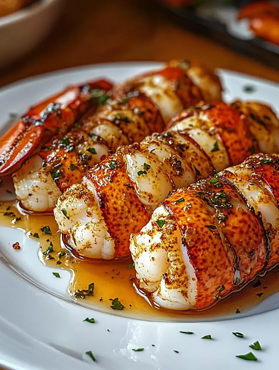 A plate of grilled lobster tails garnished with herbs and drizzled with a savory sauce.