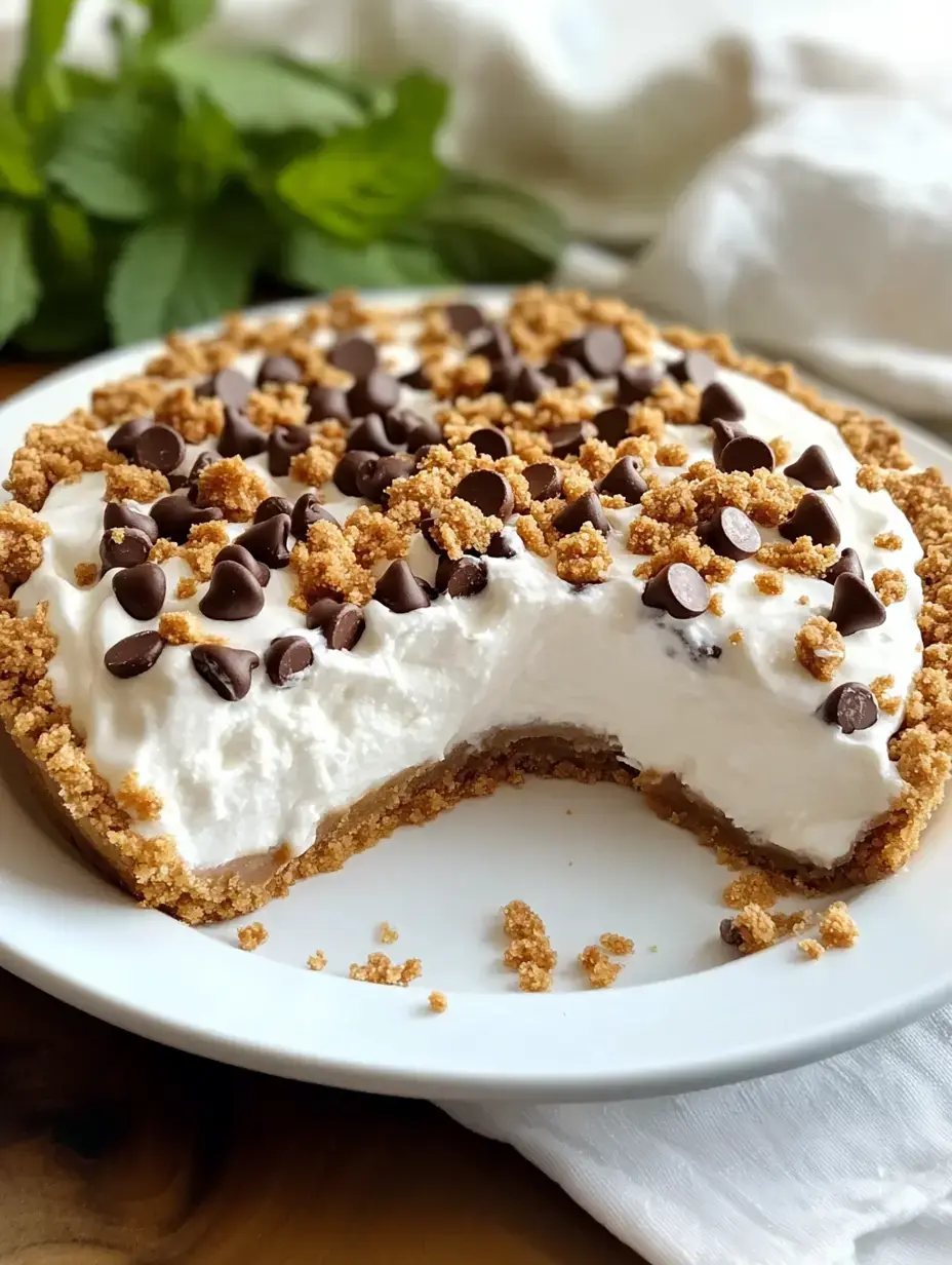 A creamy dessert pie topped with chocolate chips and crumbled pie crust, with a slice missing, garnished with fresh mint leaves.