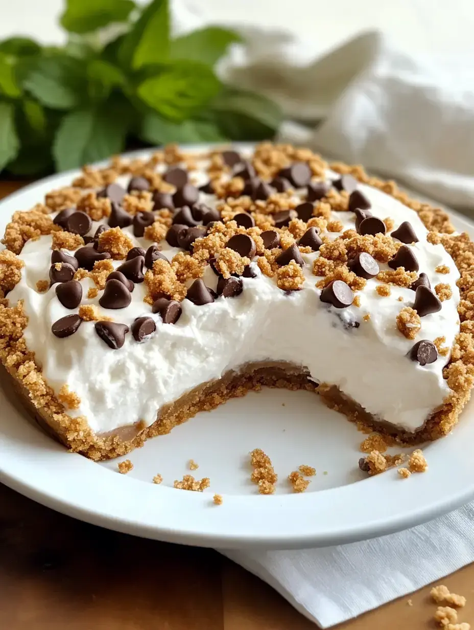 A creamy dessert pie with a graham cracker crust, topped with chocolate chips and crumbled cookies, and partially sliced.