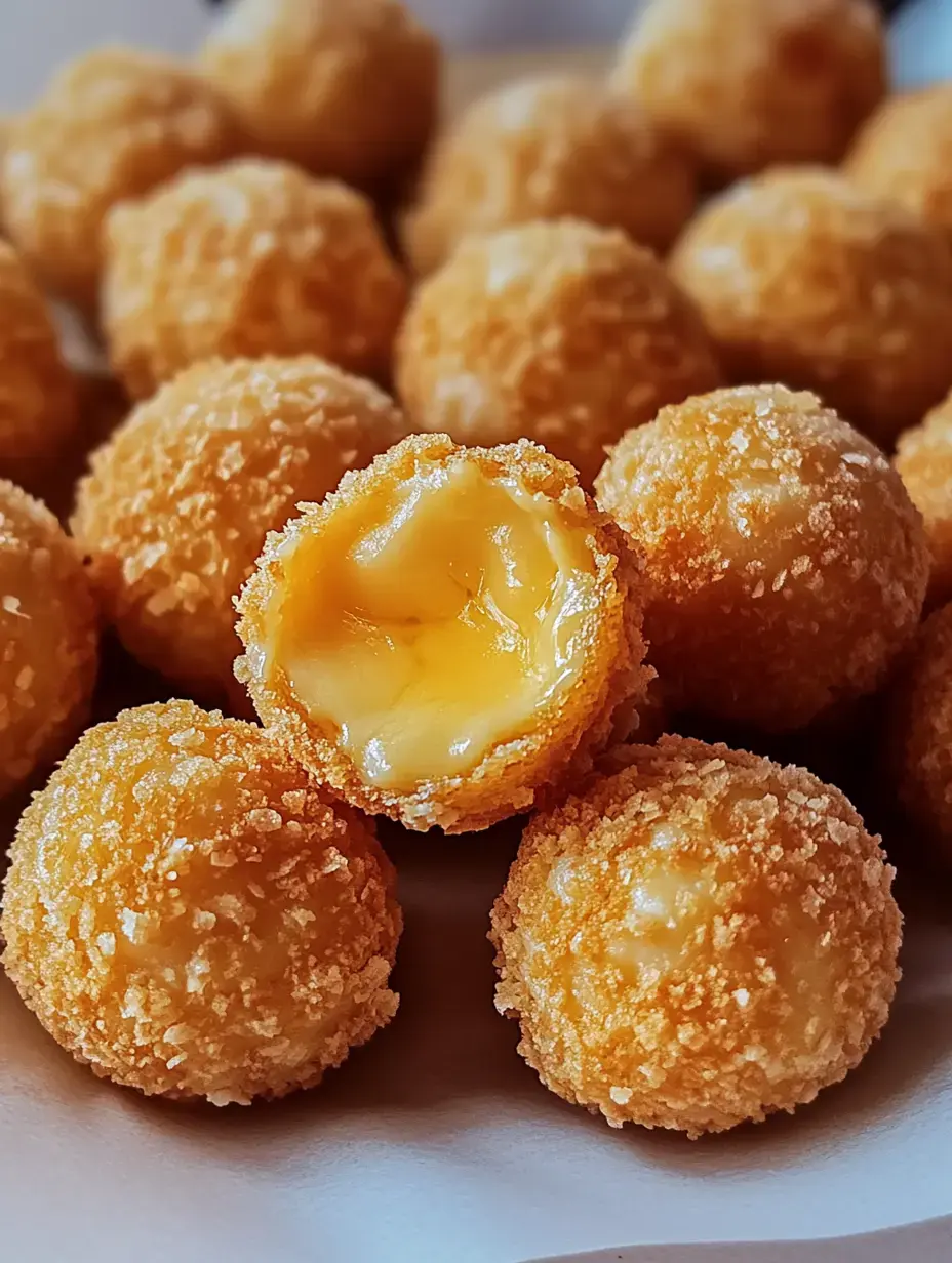 A close-up of a golden, crunchy cheese ball, with one ball cut in half to reveal melted cheese inside, surrounded by other similar cheese balls.
