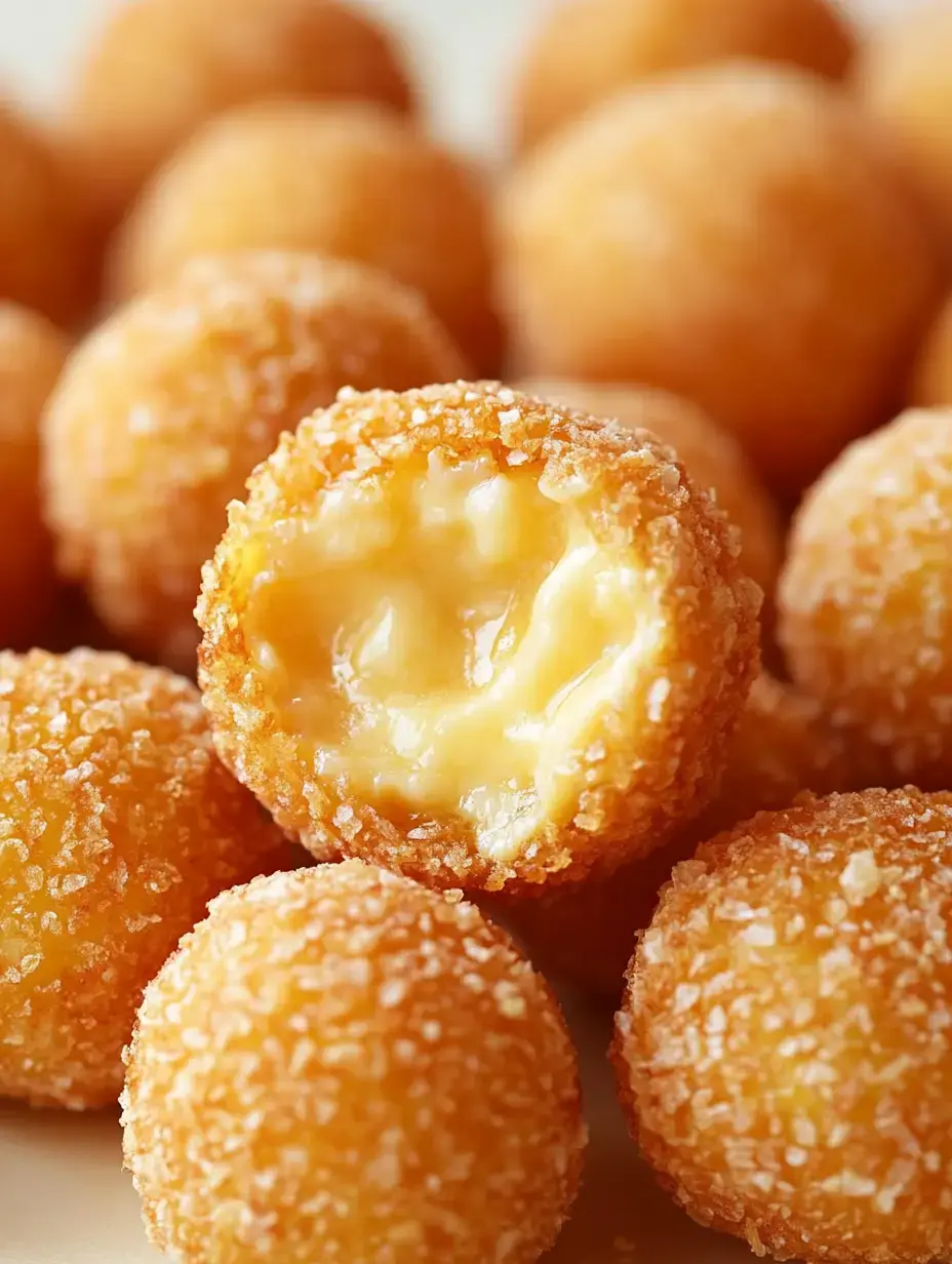 A close-up of golden, crispy cheese balls, with one cut open to reveal gooey melted cheese inside.