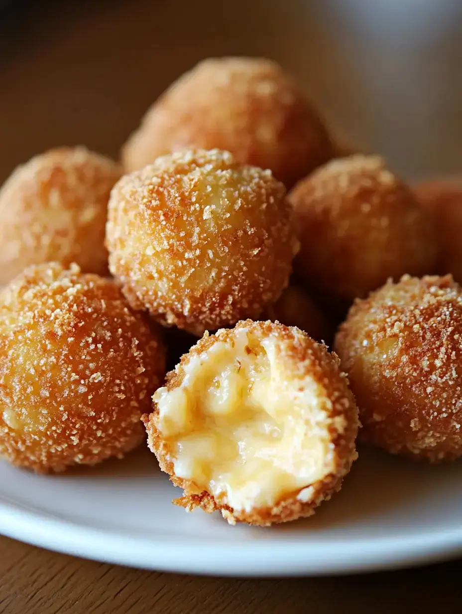 A plate of golden-brown, crispy cheese balls, with one cut open to reveal melted cheese inside.
