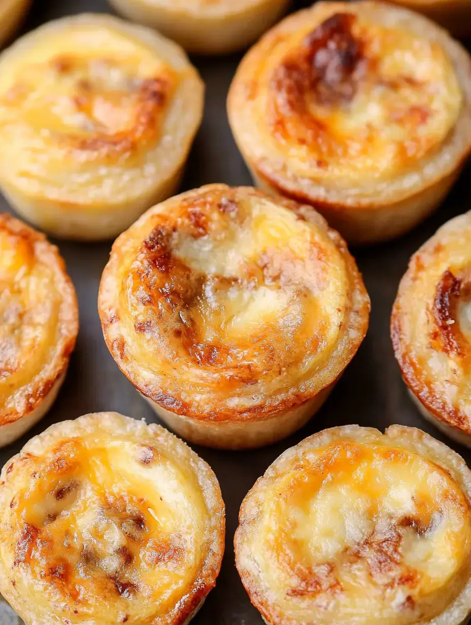 A close-up of golden-brown, swirl-shaped mini pastries with a crispy, flaky crust and a creamy filling.
