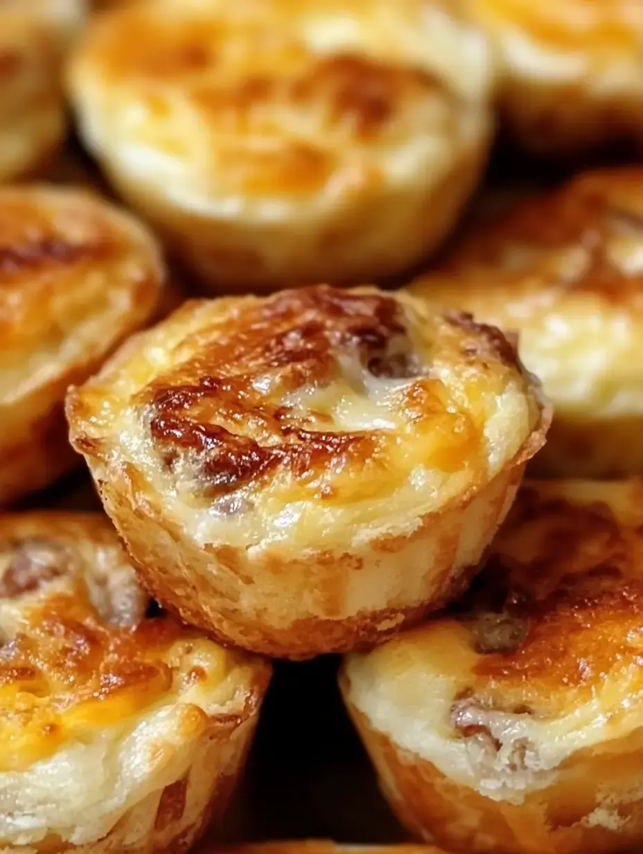A close-up image of golden-brown mini savory pies with a bubbling cheese topping.