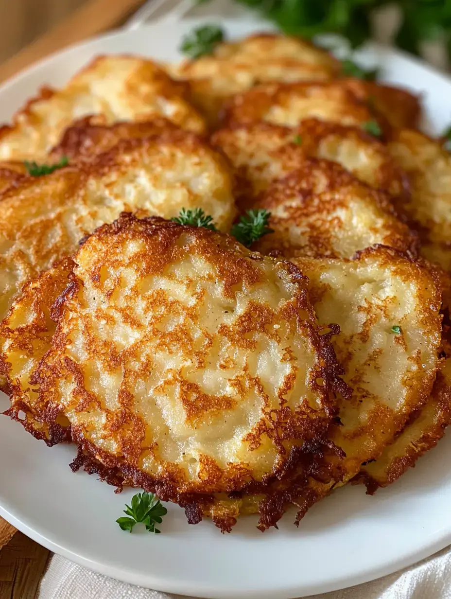 A plate of golden-brown potato latkes garnished with fresh parsley.