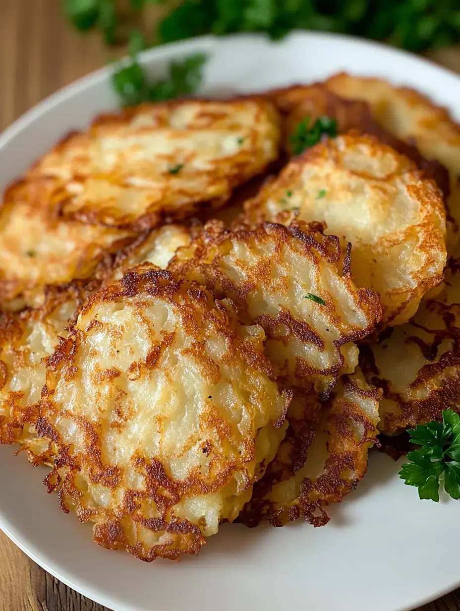 A plate of golden-brown potato pancakes garnished with parsley.