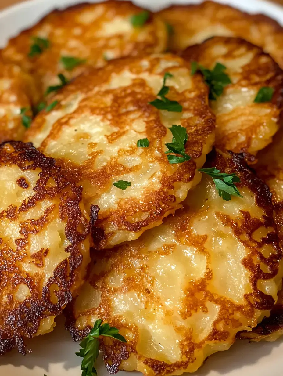 A close-up of golden-brown potato pancakes garnished with fresh parsley on a white plate.