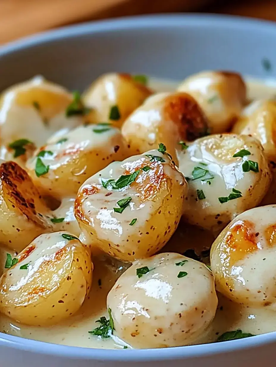 A bowl filled with golden potatoes bathed in rich sauce with green parsley sprinkled on top.