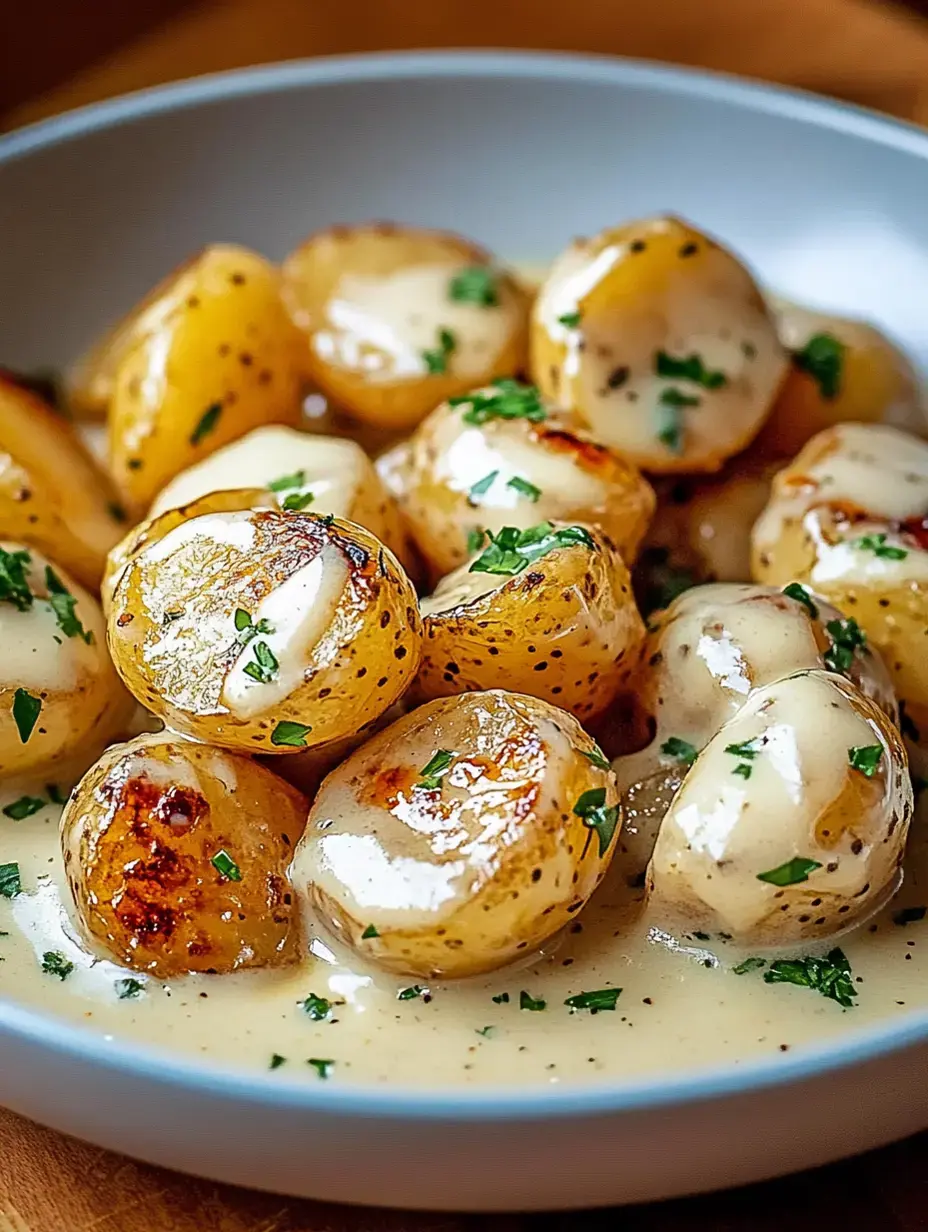 A serving of tiny golden potatoes covered in velvety sauce topped with fresh chopped green herbs.