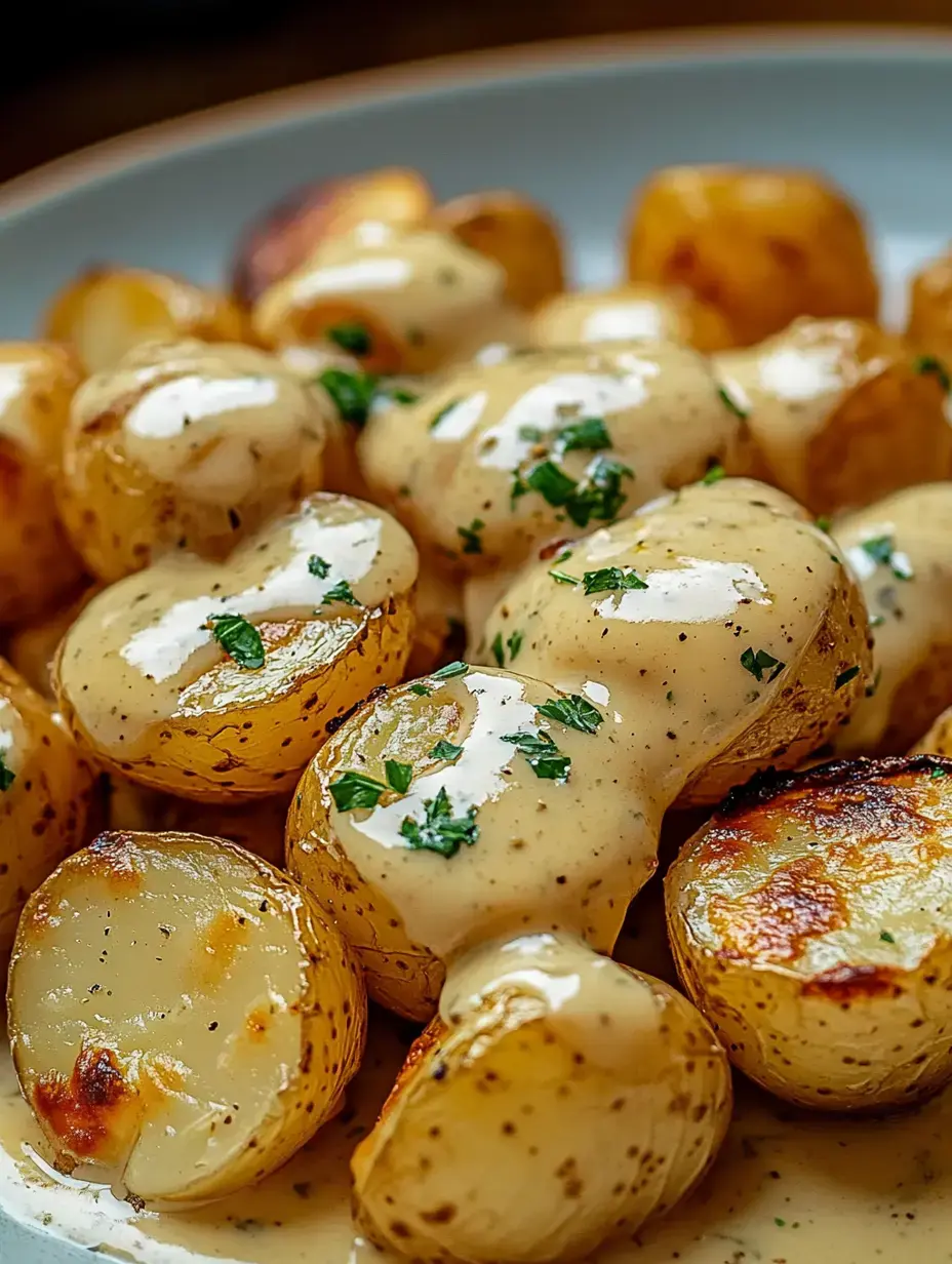A close view of small roasted potatoes coated in smooth sauce with bright green herbs scattered on top.