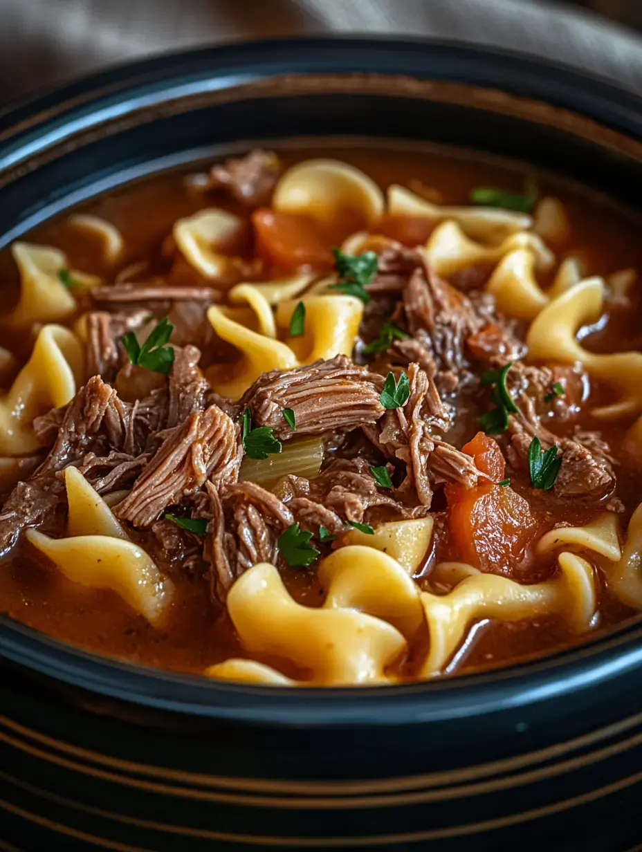 A bowl of beef noodle soup featuring tender shredded beef, egg noodles, and vegetables, garnished with parsley.